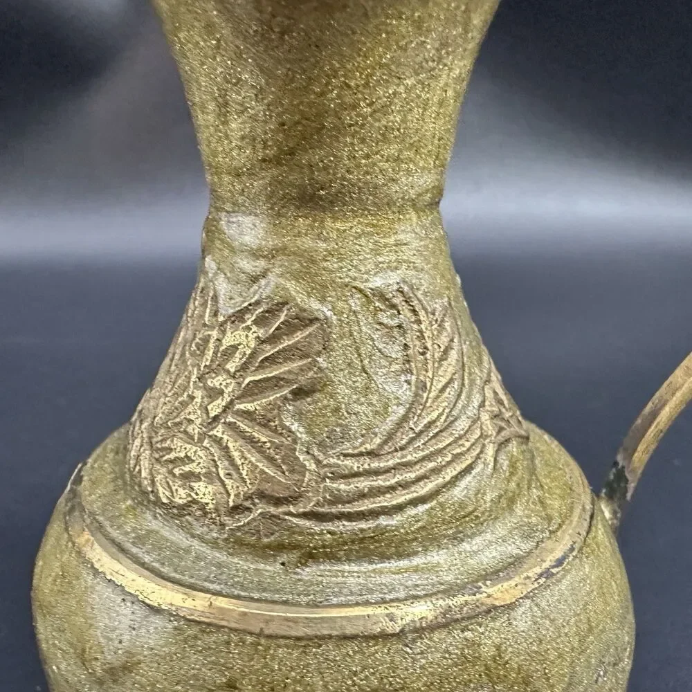 Vintage Anglo Indian Brass Decor Set Sage Green Enamel Pitcher & Lidded Jar